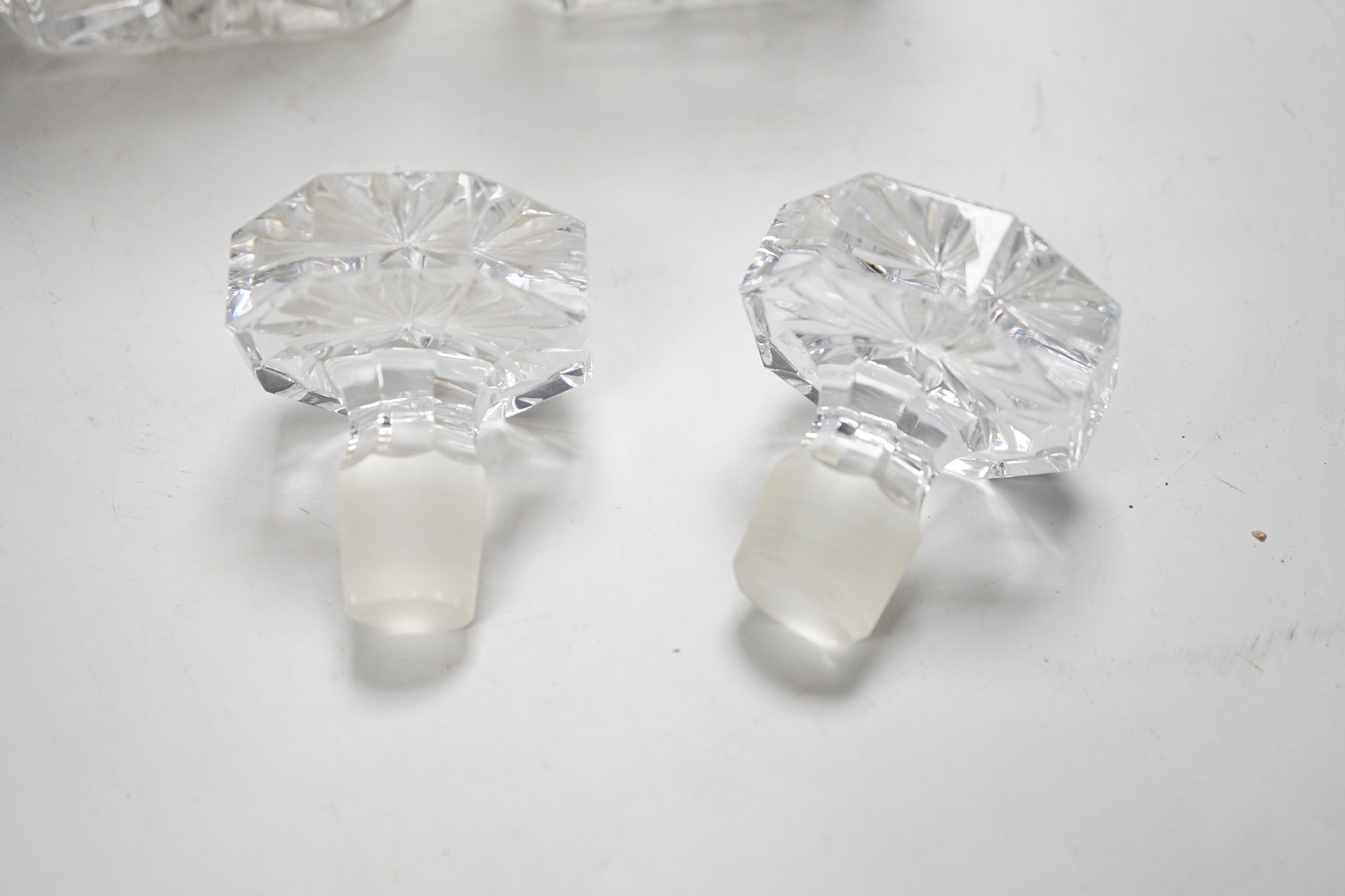 A pair of 20th century silver collared glass decanters and stoppers by Roberts & Dore Ltd, 24cm